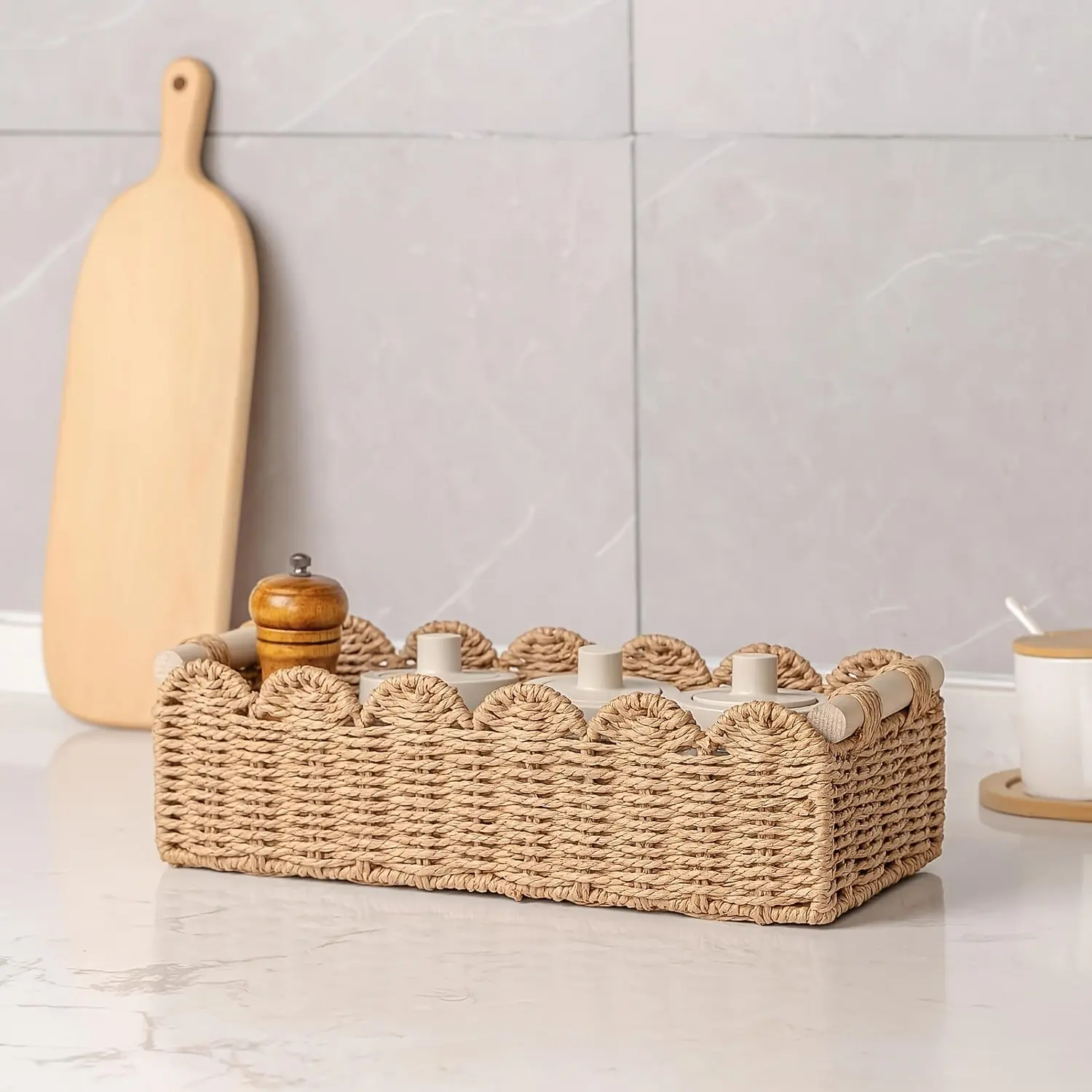 Handwoven Natural Rattan Wicker Storage Basket with Fan Edge Design, Handmade Woven Organizer for Toilet Tank Top, Decor Basket for Bathroom Bedroom Living Room,car