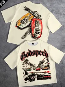 Godspeed Unisex Loose-Fit Oversize Crewneck T-Shirt – Featuring Gothic-style typography, a palm-lined street scene, a sports car, and a vintage car key graphic; double-sided print; suitable for casual, streetwear, and sporty styles.