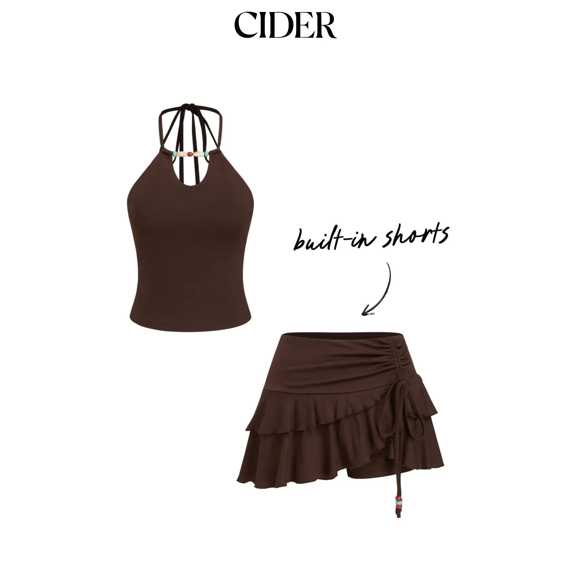 Cider Halter Neckline Beaded Cami Top & Low Rise Drawstring Mini Skort Set