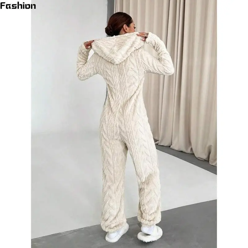 Luxurious Women's Solid Color Fleece Hooded Jumpsuit - Chic Long Sleeve Deep V-, Zip-Up, Cozy Knit Overalls Fall/Winter, Machine Washable, Indoor Clothing |   Zip-up Jumpsuit |   Polyester Jumpsuit