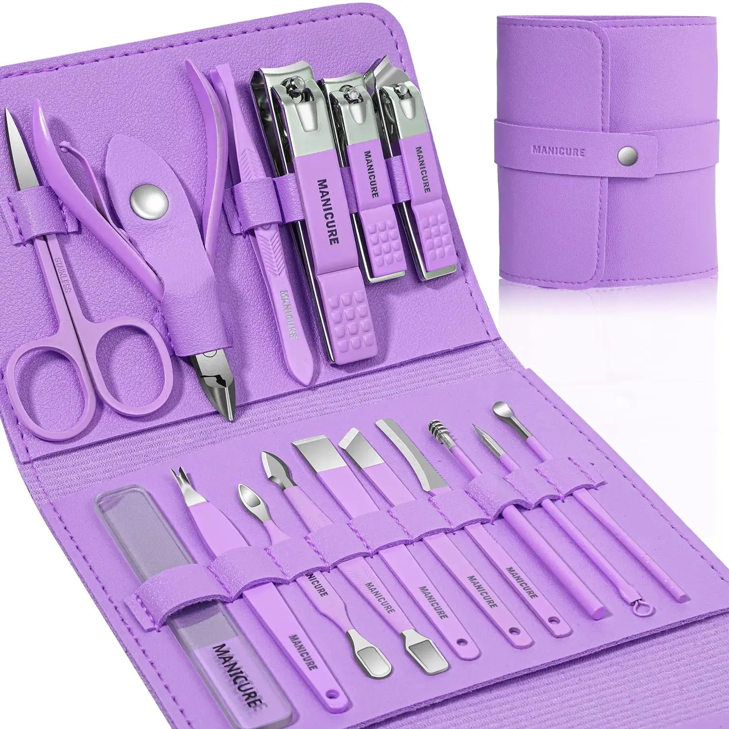 16-Piece Manicure & Pedicure Kit for Women, Professional Stainless Steel Nail Tools with a Violet Leather Travel Case, Sharp Cutics Care for Fingernails & Toenails