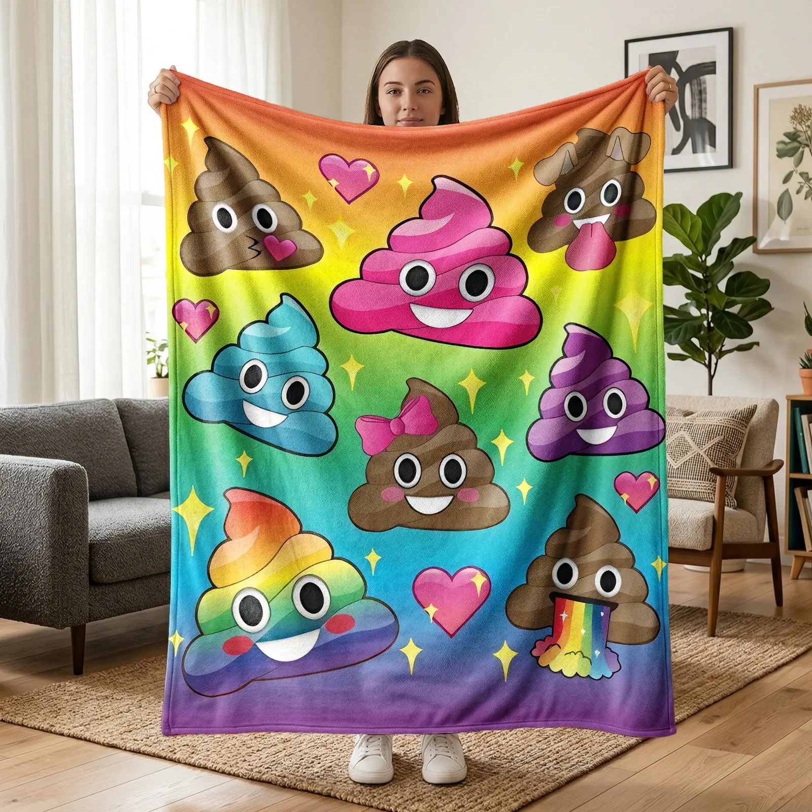 1pc Funny Rainbow Emoji Flannel Blanket, Colorful Fleece Throw with Cute Poop Characters, Hearts, Stars, Rainbow Gradient Design, Humorous Cartoon Pattern, Soft Cozy Blanket for Sofa, Bed, Office, Camping, Travel, Birthday Christmas Gift