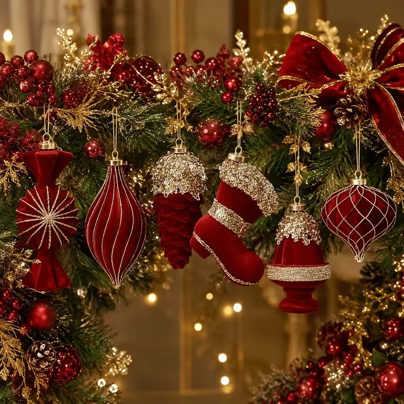 Flocked Christmas Tree Ornaments 6-Piece Set Unique Shaped Christmas Balls Elegant Holiday Decorations High-End Festive Scene Decor