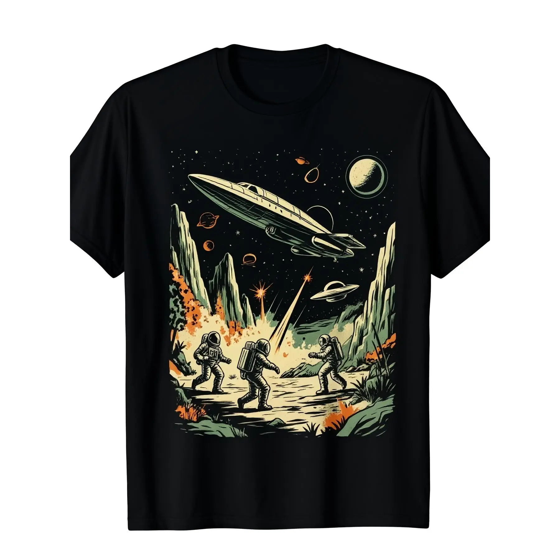 Men's Retro Sci-Fi Space Battle Geometric Print Short-Sleeve Round-Neck Cotton T-Shirt, Planet-Spacecraft Designs, Black Regular Fit, Slightly Stretchy Fabric, 4 Seasons Wear, Machine Wash Grandpa Gift Graphic Meme Cool Washed Acid Vintage slogan spooky