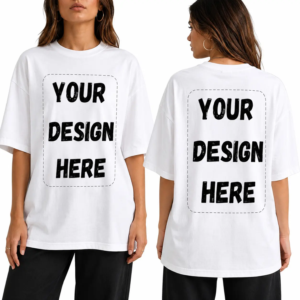 Women's Round Neck Oversized Short-Sleeve 180G Cotton T-Shirt - Unisex Custom Graphic, custom shirt for women, Personalized Front-Back Print, DIY Logo, Teddy-Inspired, Black/White Vintage Distressed Casual Everyday Streetwear Gift, custom team Top,    （Tr
