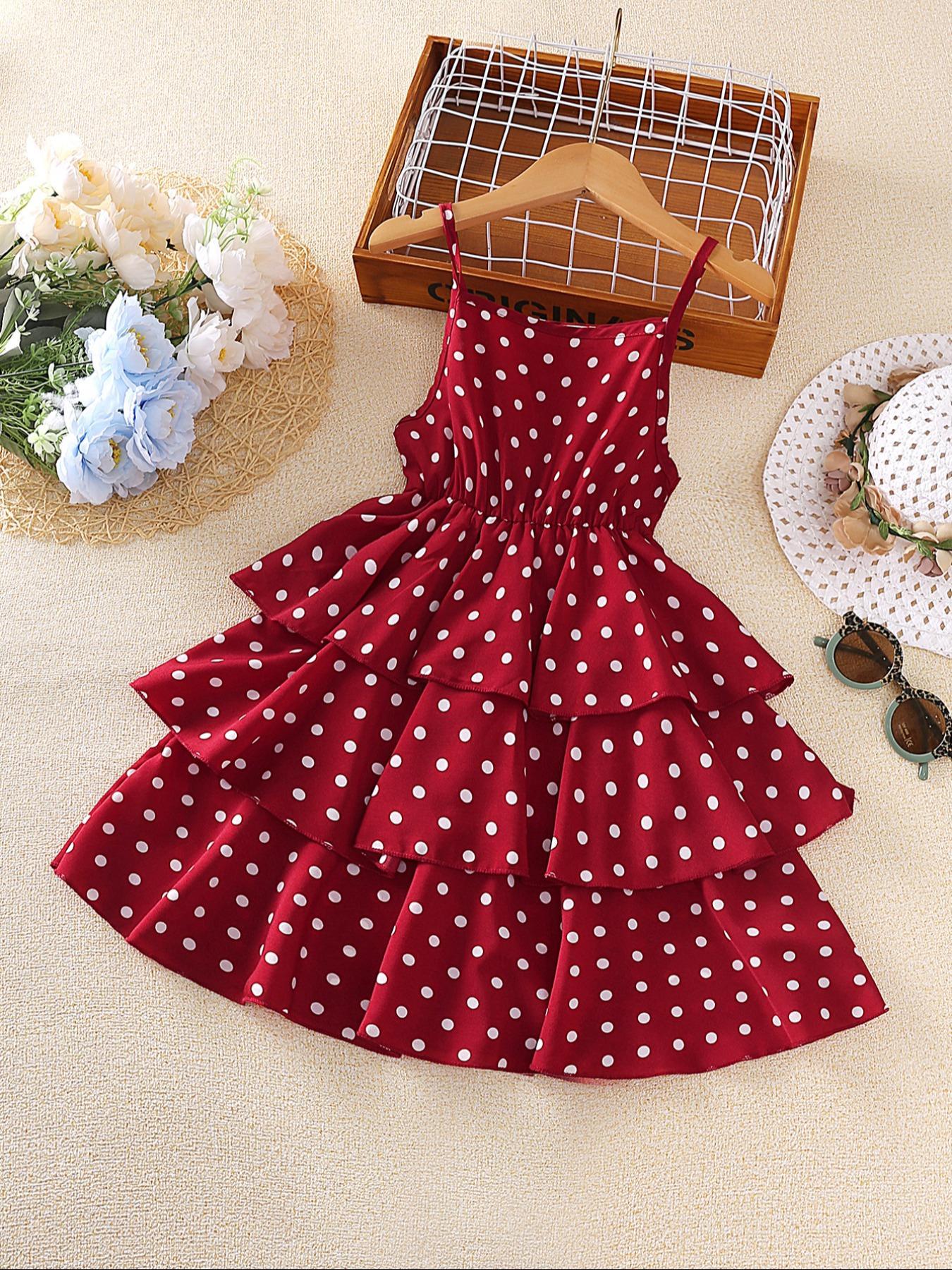 Girls' Polka Dot Halter Ruffle Hem Dress with Layered Design, Elastic Waist Summer Fashion, Casual Wear for Beach Vacation, Summer Clothes Dress