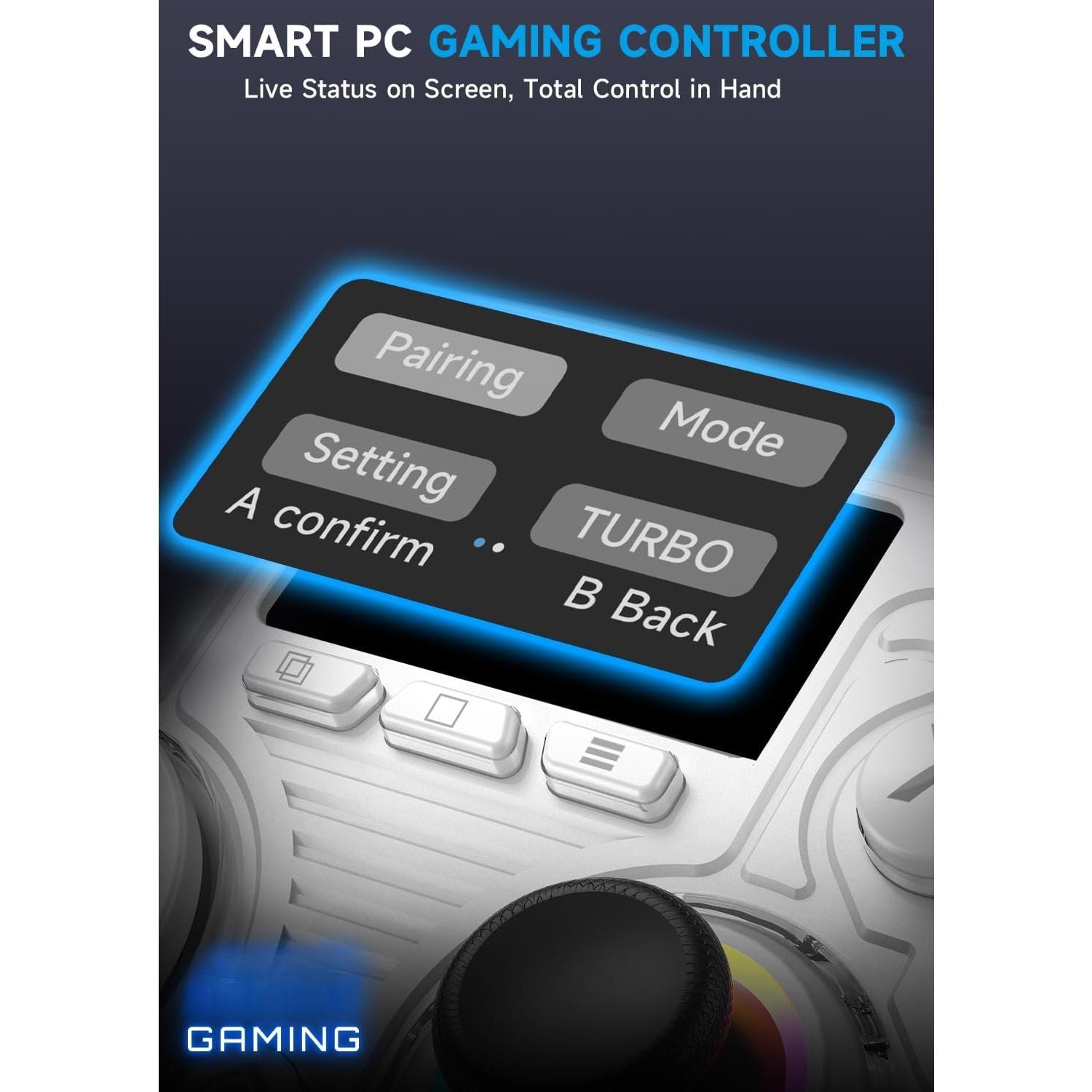 Interactive Screen PC Controller --  Controller Compatible with PC// 2/iOS/Android, Hall Effect Joystick & Triggers, RGB Lighting, Adjustable Vibration/Turbo, 1000mAh (White)