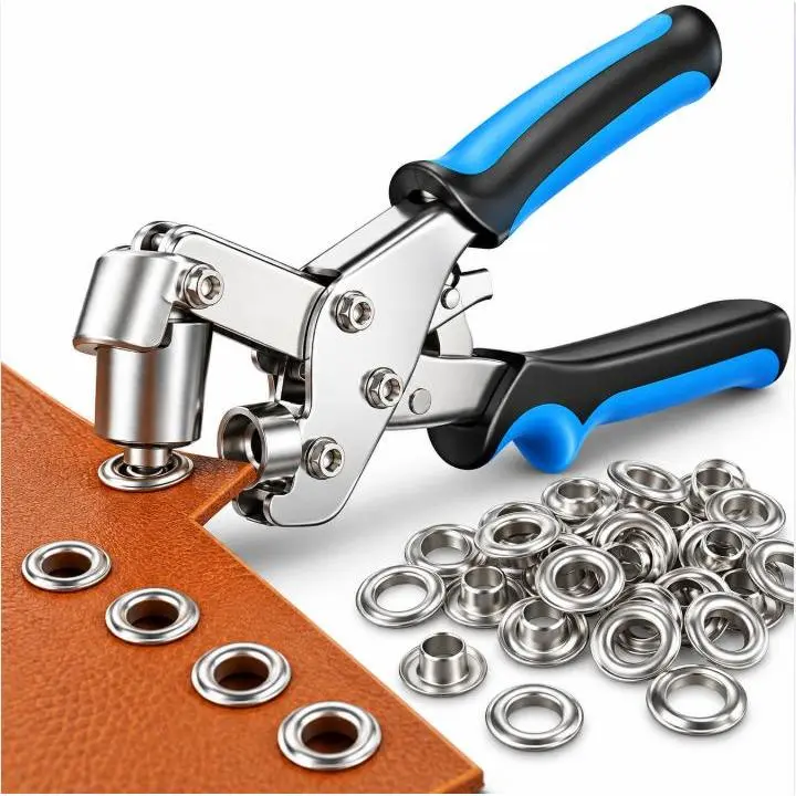Handheld Eyelet Pliers with 200 Silver Eyelets, Manual Grommet Setting Tool for Fabric, Bags, Curtains and DIY Crafts