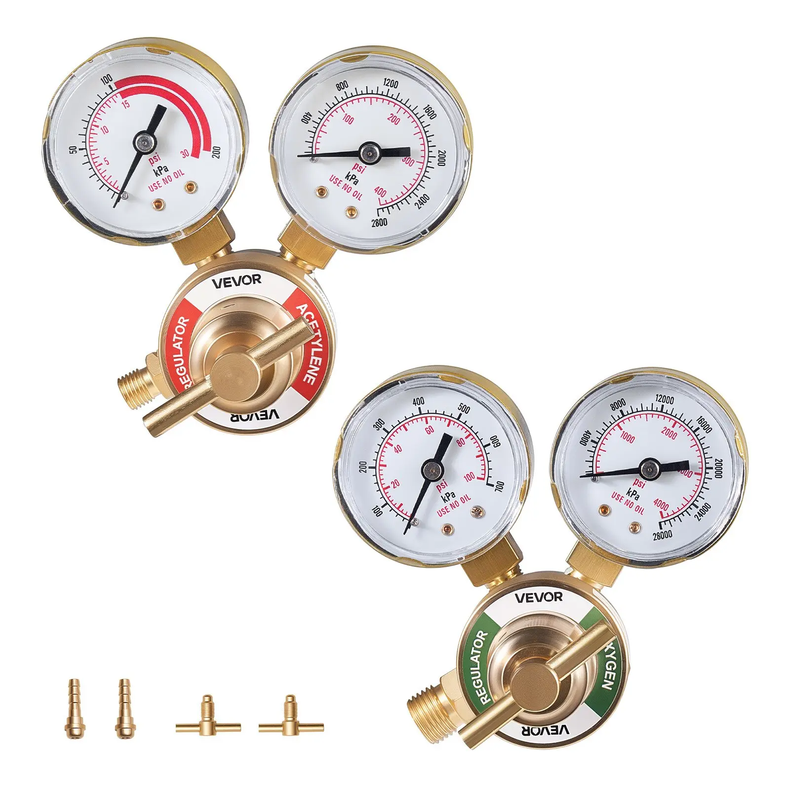 VEVOR Oxygen Acetylene Regulators + Gauges Set with Dual-Pressure Ranges (0-4000PSI, 0-400PSI), CGA-540/CGA-200 Inlet, 9/16"-18 Outlet, T-Handle Adjuster for Gas Welding, Cylinder Compatible