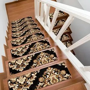 6/8/15pcs Luxury Vintage Black Gold Baroque Floral Diatom Mud Stair Treads, Super Absorbent Non Slip Carpet Mats for Wood Steps, Quick Drying Moisture Wicking Stair Runners, Anti Slip Washable Rugs for Dogs Kids Elderly