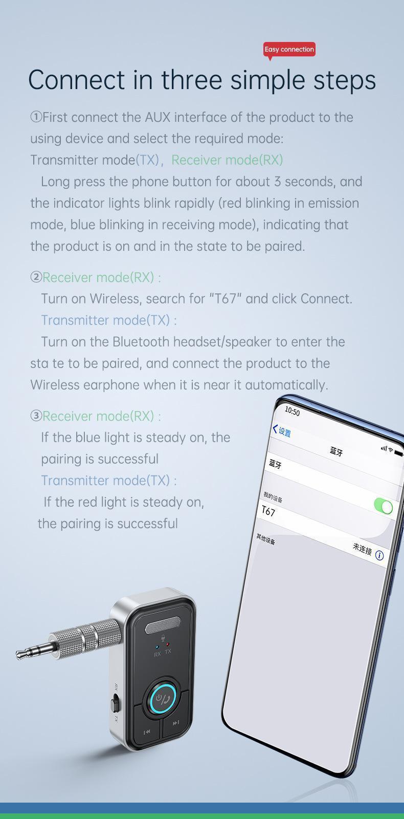 Bluetooth 5.3 Audio Adapter for Car , aux bluetooth，Music Streaming,Wireless Audio Receiver for Hands-Free Calling & Compact Fast Charging Long Standby