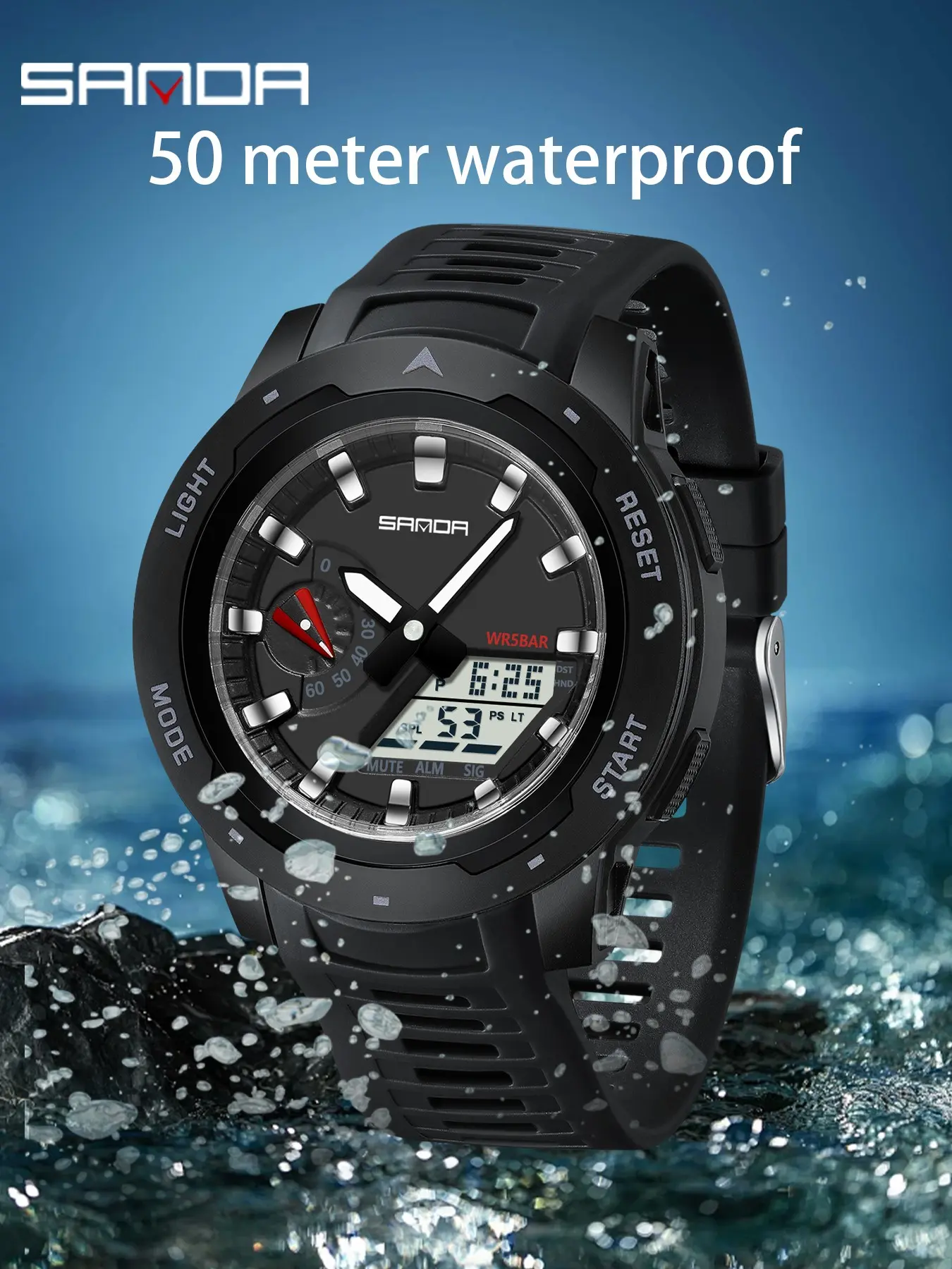 Sanda Digital Watch for Men, Dual Display Stopwatch, Alarm, Luminous, Electronic Movement, Button Cell Battery, Holiday Style, Great Gift