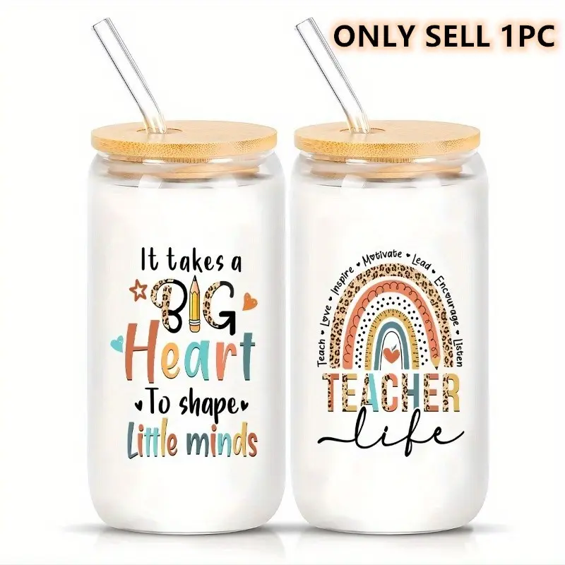 16oz High Borosilicate Glass Cup Set, Coffee Tea Soda Glass with Straw and Brush, Glass Coffee Cups, Perfect Gift for Teachers, Students, Graduation, Christmas, Birthday