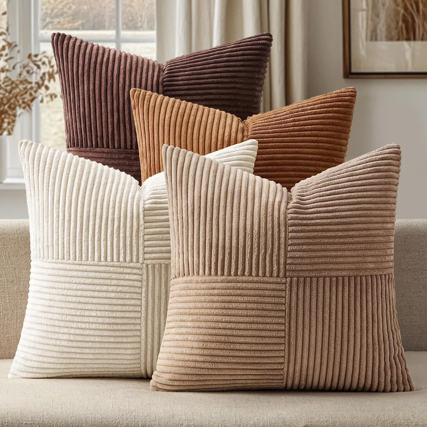 4PCS Decorative Euro Sham Pillow Covers 18x18 Inch | Boho Farmhouse Pillow Covers, Soft Cross Corduroy Patchwork Textured Cushion Cases For Couch Bed Sofa (Without pillow insert)