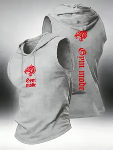 Men Sleeveless Drawstring Hooded Tank Top Tiger Head Gym Mode Gothic Letter Chest Back Dual Graphic Print Slim Fit Workout Training Streetwear Hood Vest For Gym Daily Fitness Outfit#GymModeHoodedTankTops#GothicFontWorkoutTanks#trendingtanktops