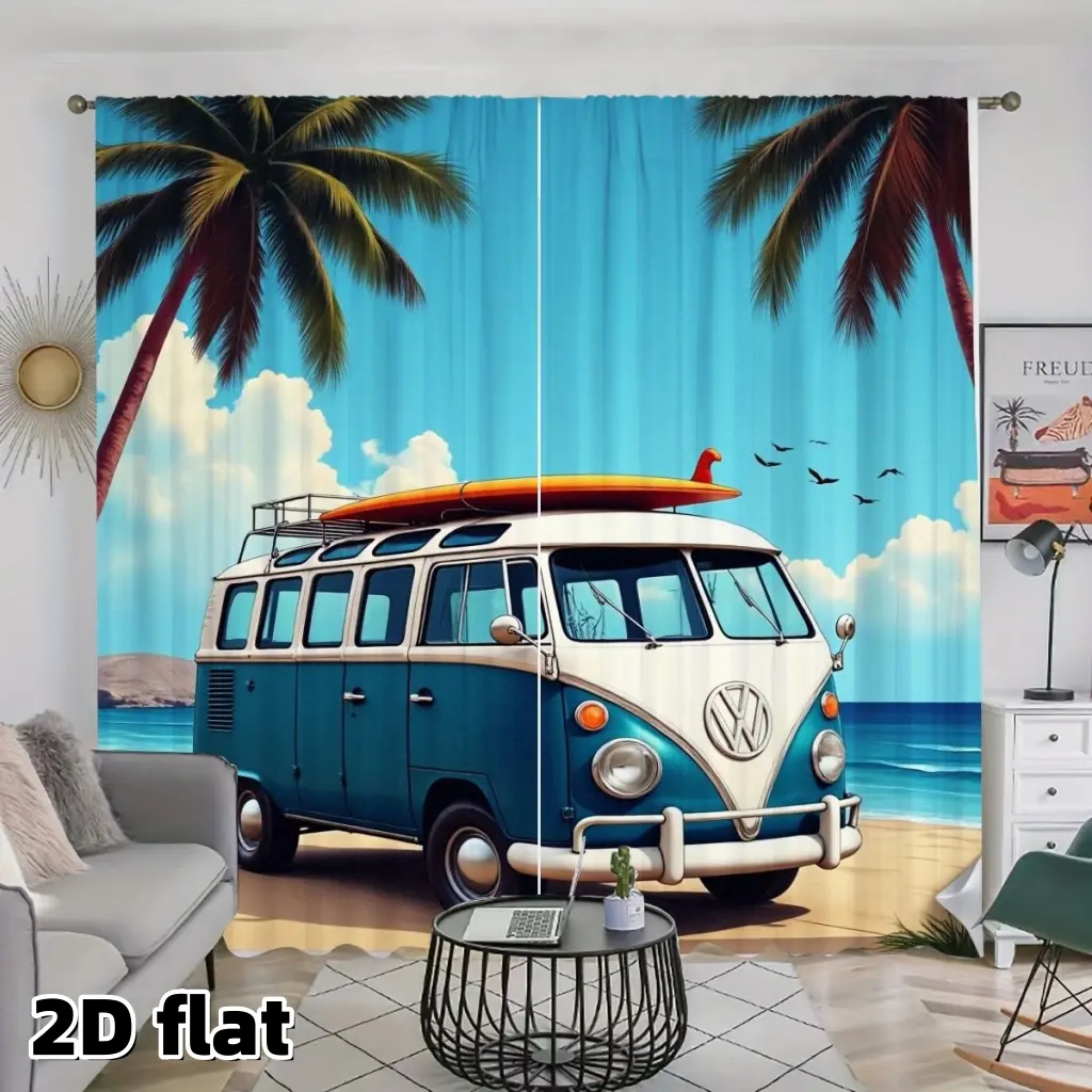 2D Flat 2Pcs Vintage VW Bus Beach Curtains, Tropical Palm Trees Ocean Scene, Surf Board Decor, Rod Pocket Design, Semi Sheer Polyester, Summer Coastal Theme Window Treatment for Living Room Bedroom Kitchen Bathroom Home, Machine Washable