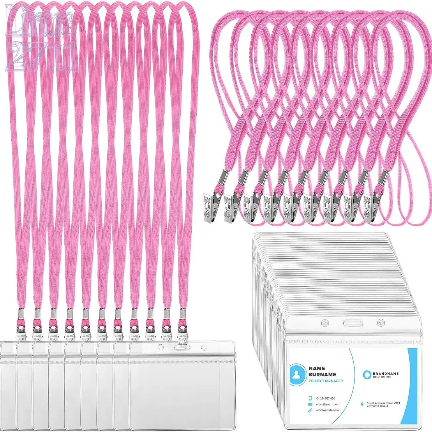 Pack of 10 Pink Neck Lanyards with Horizontal Clear ID Card Holders – Polyester Neck Strap with Metal Clip and Waterproof Transparent Holder; Suitable for Employee Badges, Student IDs, Conference Passes, and Access Cards; Ideal for Office, Campus, and Eve