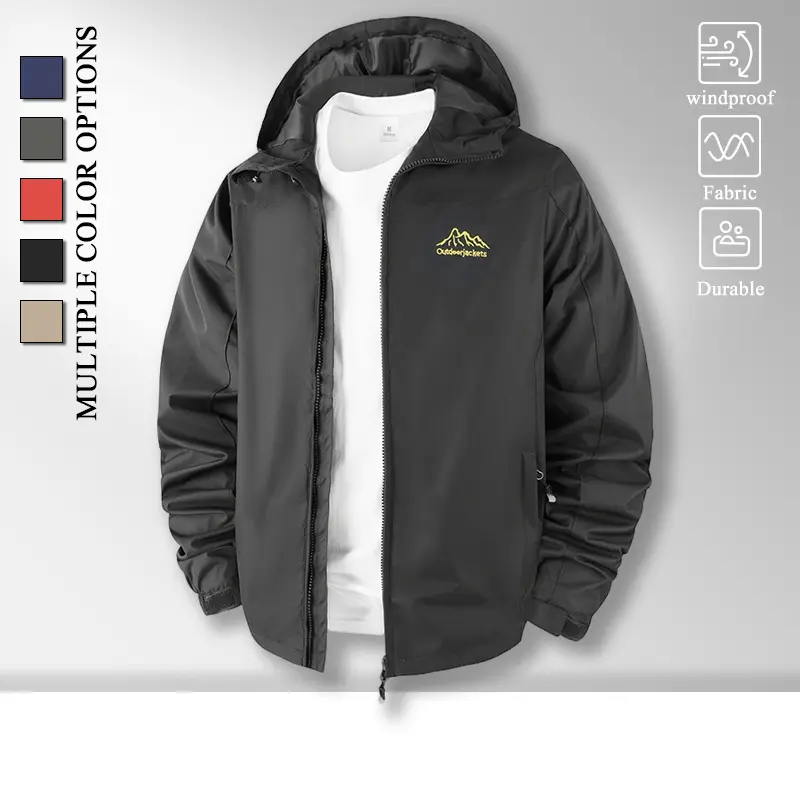 All Season Detachable Hood Wind Jacket for Men, Mountain Graphic Front Print Adjustable Cuffs Hem, Durable Light Zip Up Windbreaker for Travel Training Daily Walking