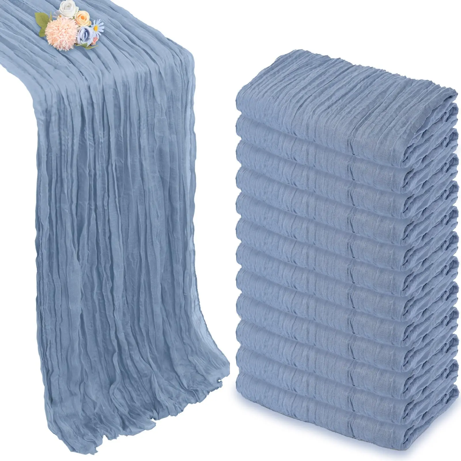 Dusty Blue & Light Pink Polyester Cheesecloth Weave Table Runners, 6/12 Pack 17x108in Semi-Sheer Boho Gauze with Pleated Look & Romantic Vibe, Machine Washable for Wedding, Party Events, Farmhouse Decor, 17X108 In