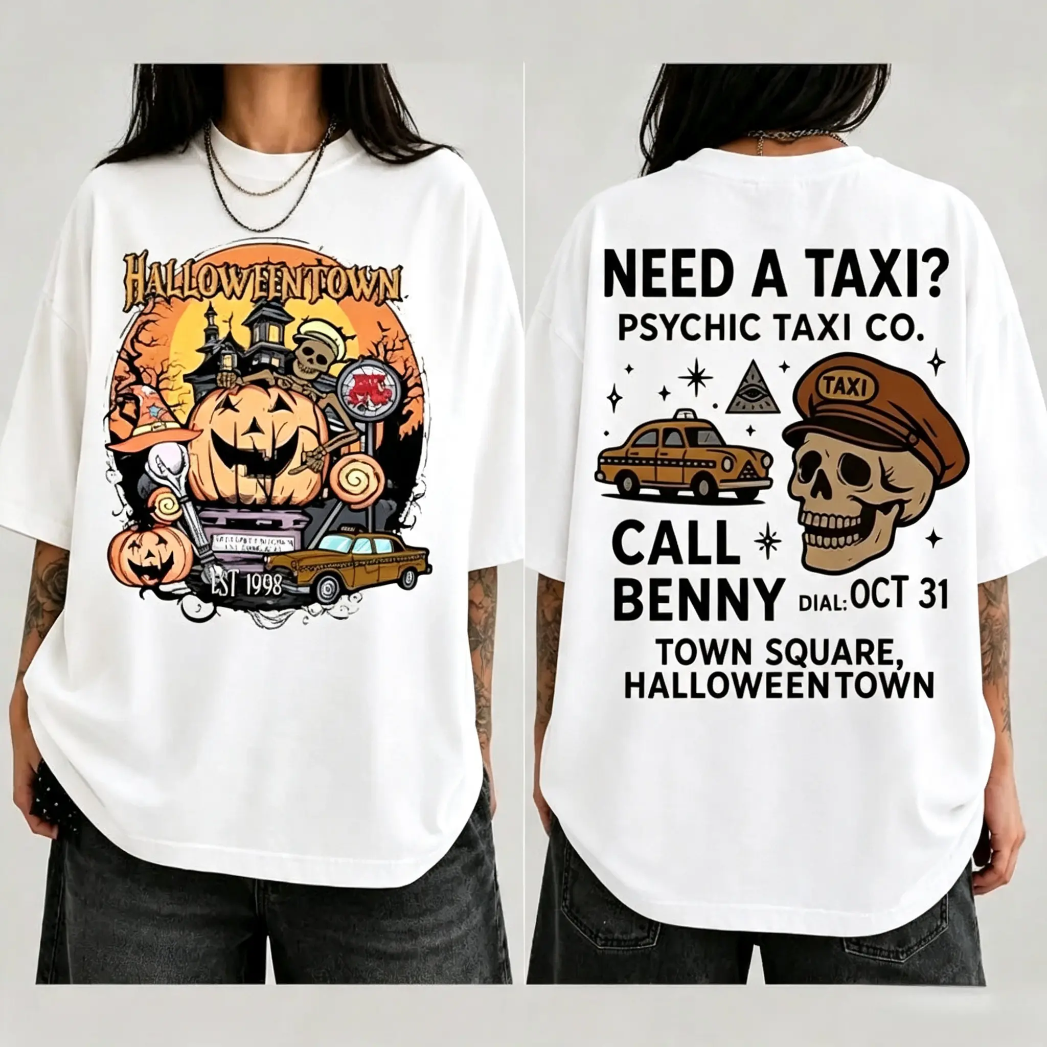 Halloweentown EST 1998 Skeleton Taxi Driver Print T-shirt,Double-sided Halloween T-shirt, Retro Halloweentown Shirt, Halloweentown University Tees, Halloween Crewneck Gifts