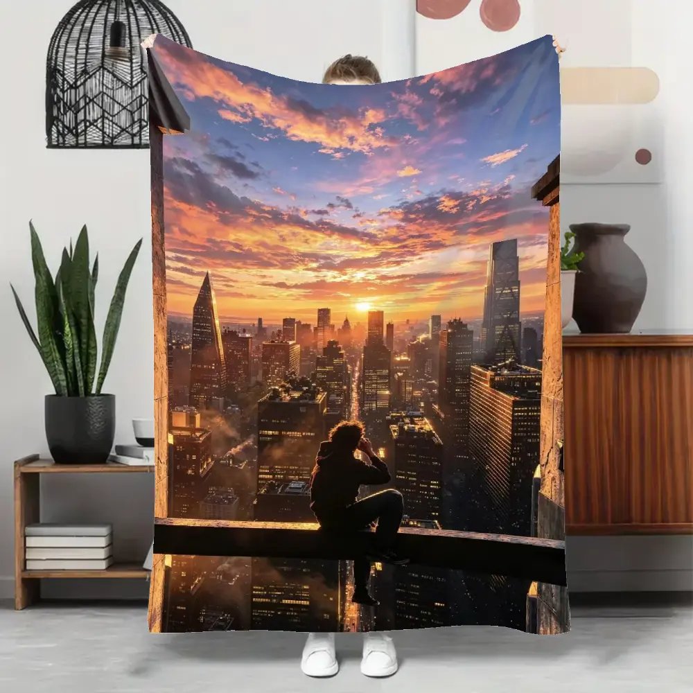Oversized Queen Size Spider-Man Rooftop Silhouette Fluffy Polyester Flannel Throw Blanket - Golden Sunset New York Cityscape Fan Art, Soft Warm Lightweight for Home/Bedroom Travel/Office, Superhero Love Christmas Gift for Men (Lightweight Care Included)