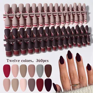 360pcs Almond Short Matte Press-On Nails, Wine and Acrylic False Nails Set, 12 Styles Mixed Nail Art Kit