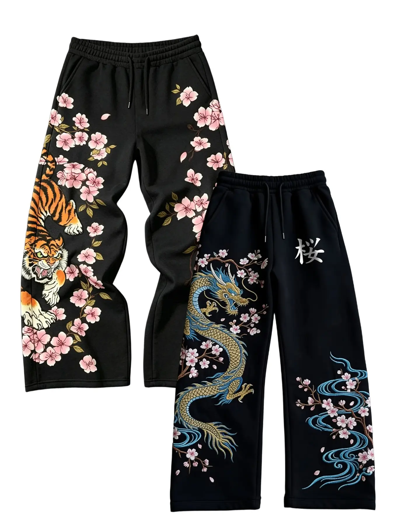 Men's Black Dragon Tiger Cherry Blossom Graphic Sweatpants, Wide Leg Drawstring Pants with Japanese Inspired Floral Artwork, Asian Streetwear Style, Relaxed Fit Y2K Casual Joggers for Campus, Travel, Festivals, Skate Looks, Parties and Everyday Street Fas