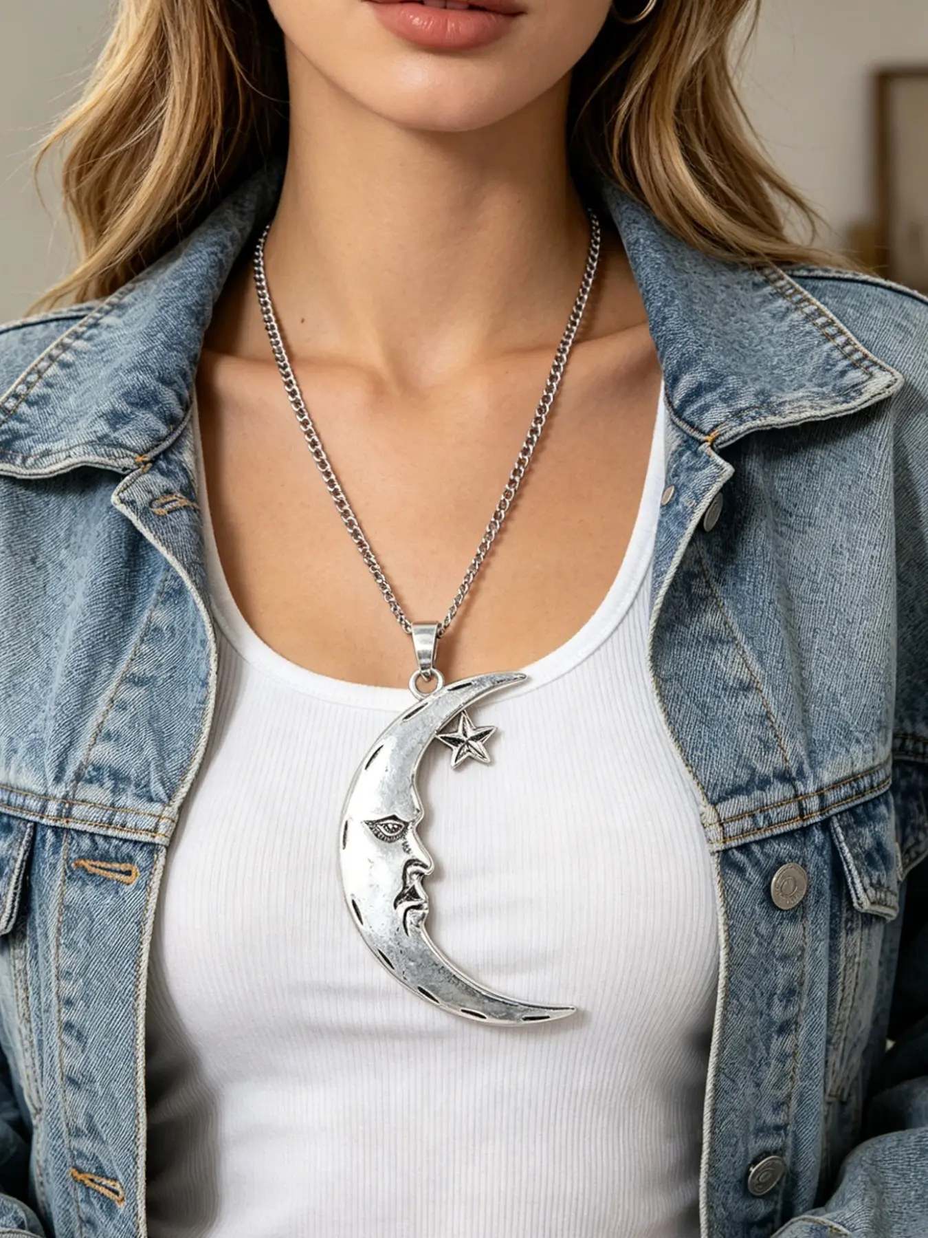 1pc Tribal Silver Color Large Sun & Moon Pendant Long Adjustable Chain Statement Jewelry Necklace, Suitable For Men Women's Daily Wear, 24 Inches + 2 Inches Extension Chain
