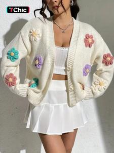 women's floral appliques button front vneck cardigan, chic crochet cardigan for women, casual fitted long sleeve v neck knitwear for fall & winter, ladies knit clothing for daily wear, longsleeves cardigans for women, womenswear