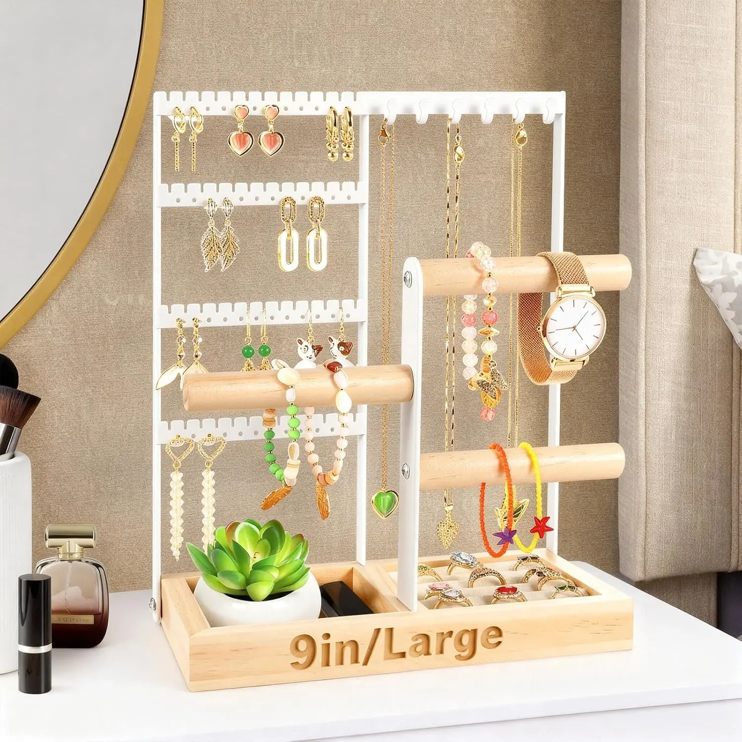 Stand - 48 Holes Earring Holder, 4-Tier Necklace Organizer | 6 Hooks  Organizers and Storage, Bracelet Ring Rack with  Box, Preppy  Room Decor for Teen Girls Women, White