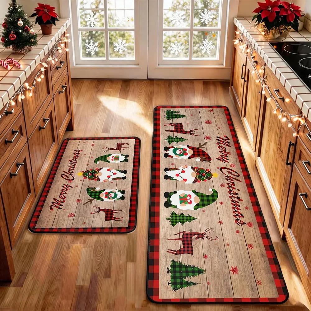 2-Piece Christmas Kitchen Mat Set,Snowman Wood Gingerbread Goblin Reindeer Christmas Tree Pattern Design, Washable Non-Slip Mats for Bathroom, Kitchen, Laundry Room, Hallway, Holiday Decor Gift，Christmas Spring Home Decor door mat