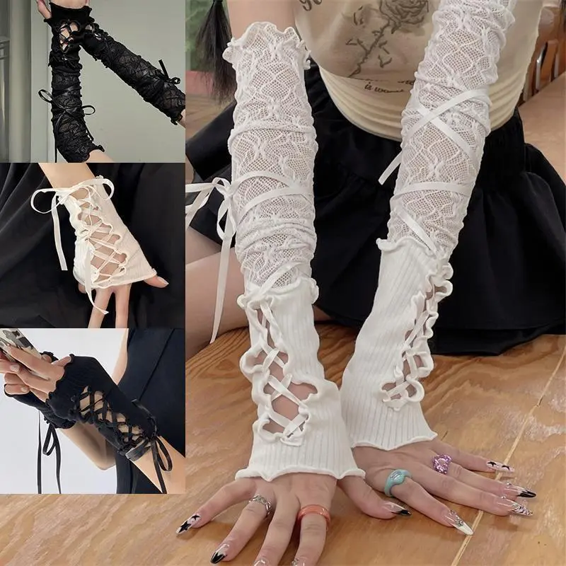 Women's Lace-Up Stretchy Mesh Fingerless Arm Sleeves - Gothic Queen Style, Adjustable Straps, Punk Fishnet Arm Warmers, Sexy Sunscreen Fashion Accessory for Concerts, Street Wear