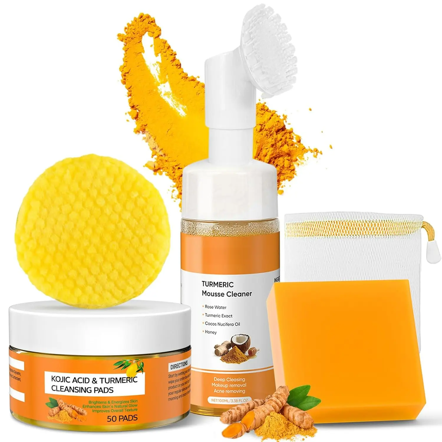 3-in-1 Turmeric Skin Care Set, 50Pcs Turmeric Cleansing Pads, Lemon Turmeric Soap Bar, Gentle Turmeric Face Wash with Brush, Natural Mild Daily Face & Body Cleanser Kit Suitable for All Skin Types