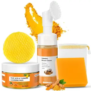 3-in-1 Turmeric Skin Care Set, 50Pcs Turmeric Cleansing Pads, Lemon Turmeric Soap Bar, Gentle Turmeric Face Wash with Brush, Natural Mild Daily Face & Body Cleanser Kit Suitable for All Skin Types