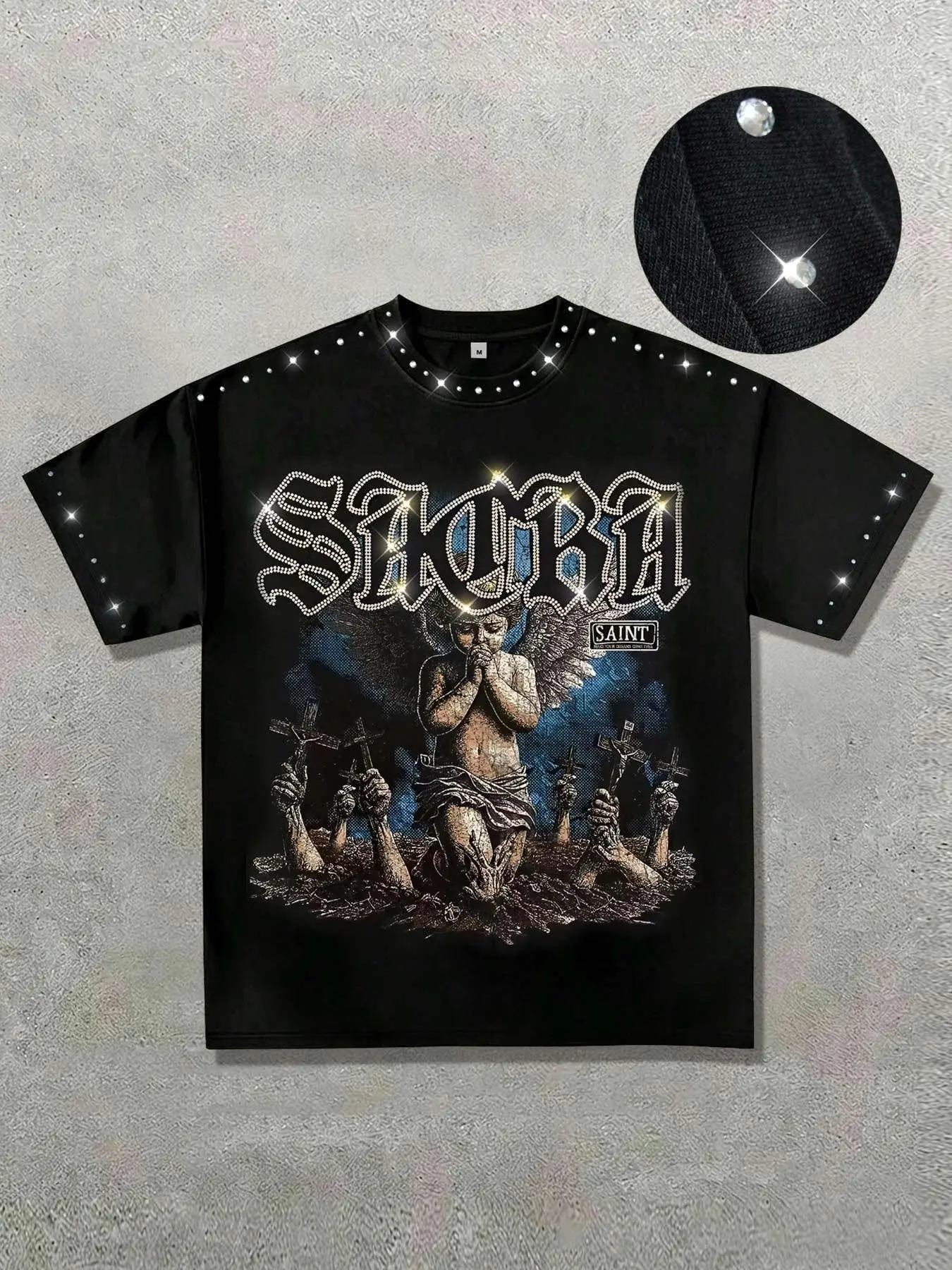 Vintage Black Rhinestone T-Shirt Featuring a Kneeling Praying Angel – Y2K Gothic Streetwear Cotton Tee – Dark-Style Casual Cotton Short-Sleeve Rhinestone T-Shirt
