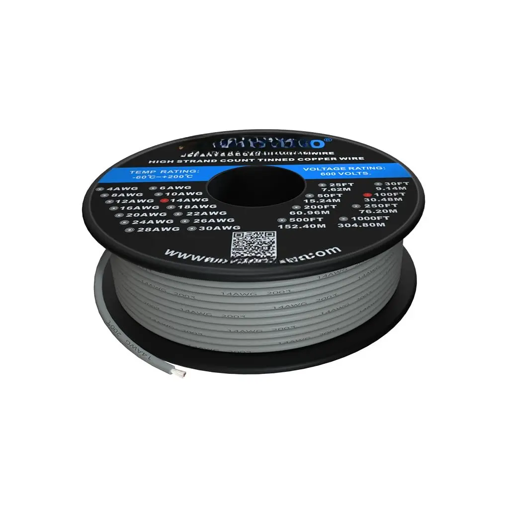 14 Gauge  Wire Spool 100 ft Gray Flexible 14 AWG Stranded Tinned Copper Wire