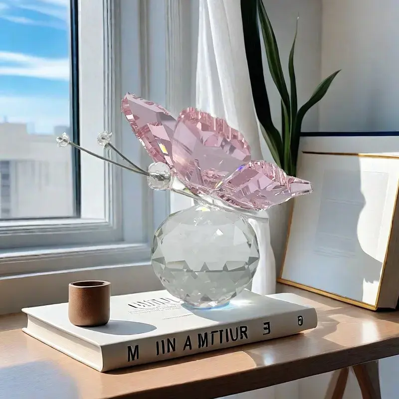 Modern Small Crystal-Style Glass Butterfly Figurine - Crystal-Cut Shiny Souvenir, Reflective Home Decoration Ornament with Gift Box, Tabletop/Window Collectible for Valentine's Day Gift