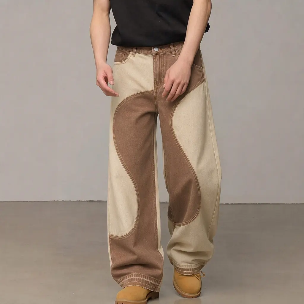 Men's Vintage Menswear Wide-Leg Denim Jeans - Loose Oversized 2-Tone Brown Beige Baggy Trousers with Contrast Patchwork, Curved Panel, Pocket, Soft Graphic Fabric, Hem for Skateboarding, Street Shoot