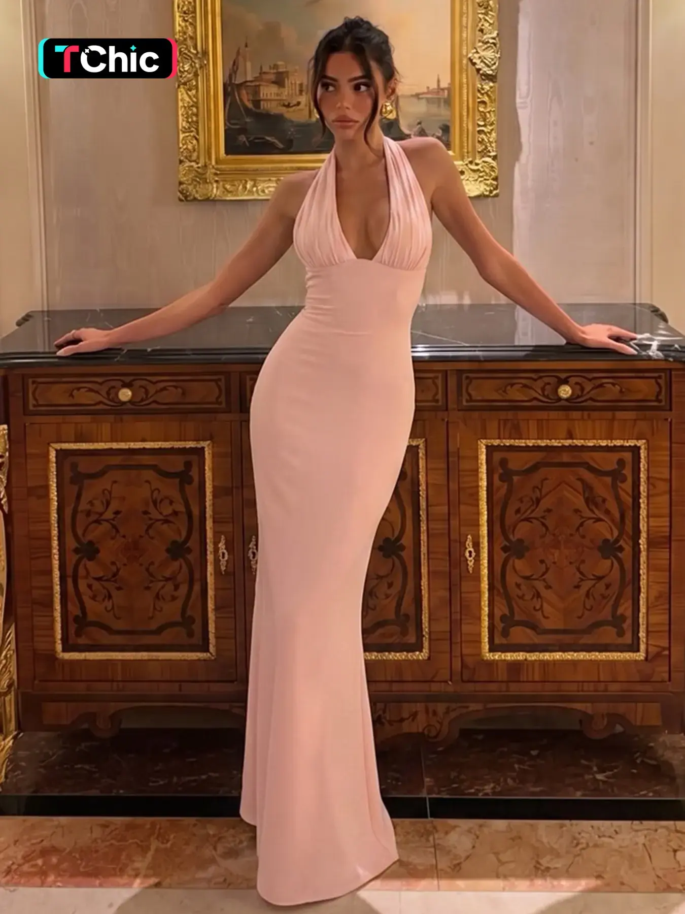 Hawthaw Women's Elegant Plain V Neck Tie-back Bodycon Halter Dress, Ruched Sleeveless Backless Lace-up Slim Fit Solid Color Long Dress, Party Club Date Dinner Evening Gown Formal Dress, Ladies All Seasons Summer Fashion Daily Casual Commuting Dresses