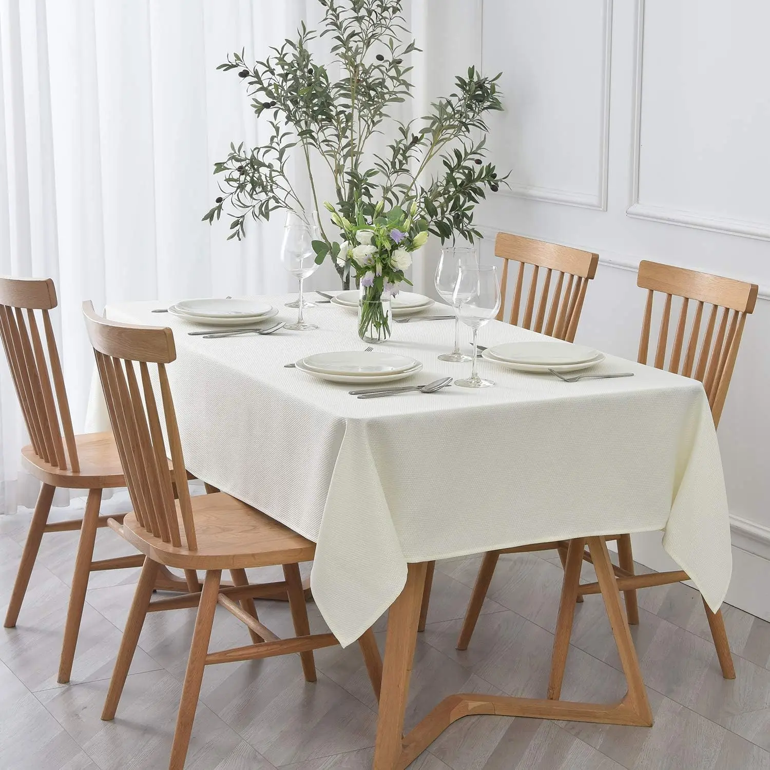 Ivory Textured Rectangular Tablecloth - 60x104", Folded Hem, Spill-Proof, Anti-Wrinkle, Soft, Stain-Resistant for Dining Room, Banquet Parties