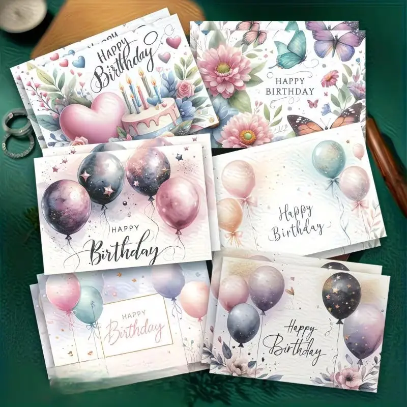 12 Watercolor Floral Butterfly Birthday Cards with Envelopes, Soft Balloon Cake Star Design, Perfect for Family Friends, Elegant Party Supplies