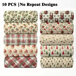 10PCS Holly Jolly Print Fabric, 23x55cm (9x22in) Christmas Celebration Theme Pattern Quilting Home Decor DIY