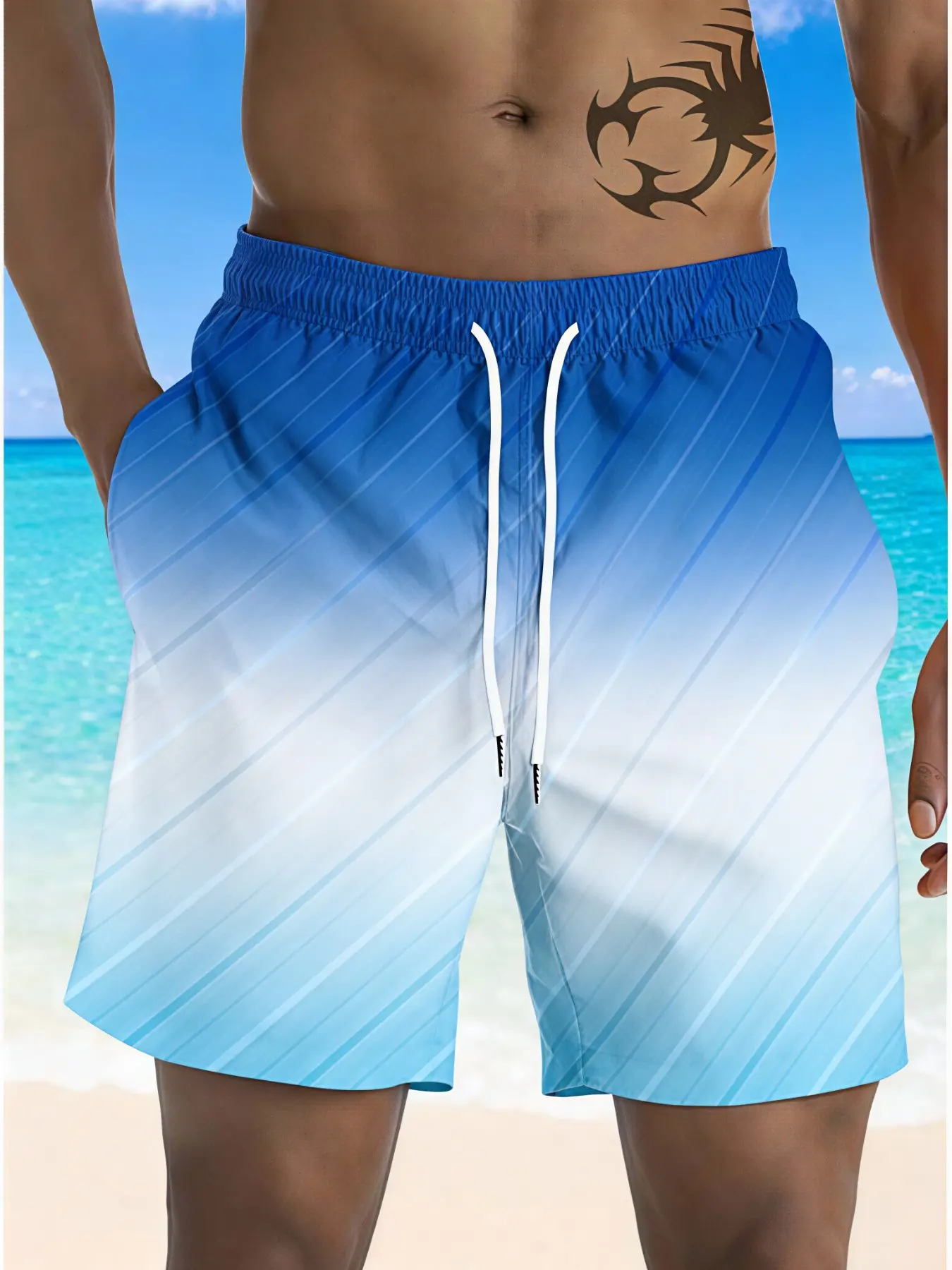 Gradient Blue Striped Men Beach Shorts Elastic Drawstring Quick Dry Soft Stretch Loose Pocketed Summer Shorts For Adult Men Coast Vacation LA Street Casual Daily Outfit