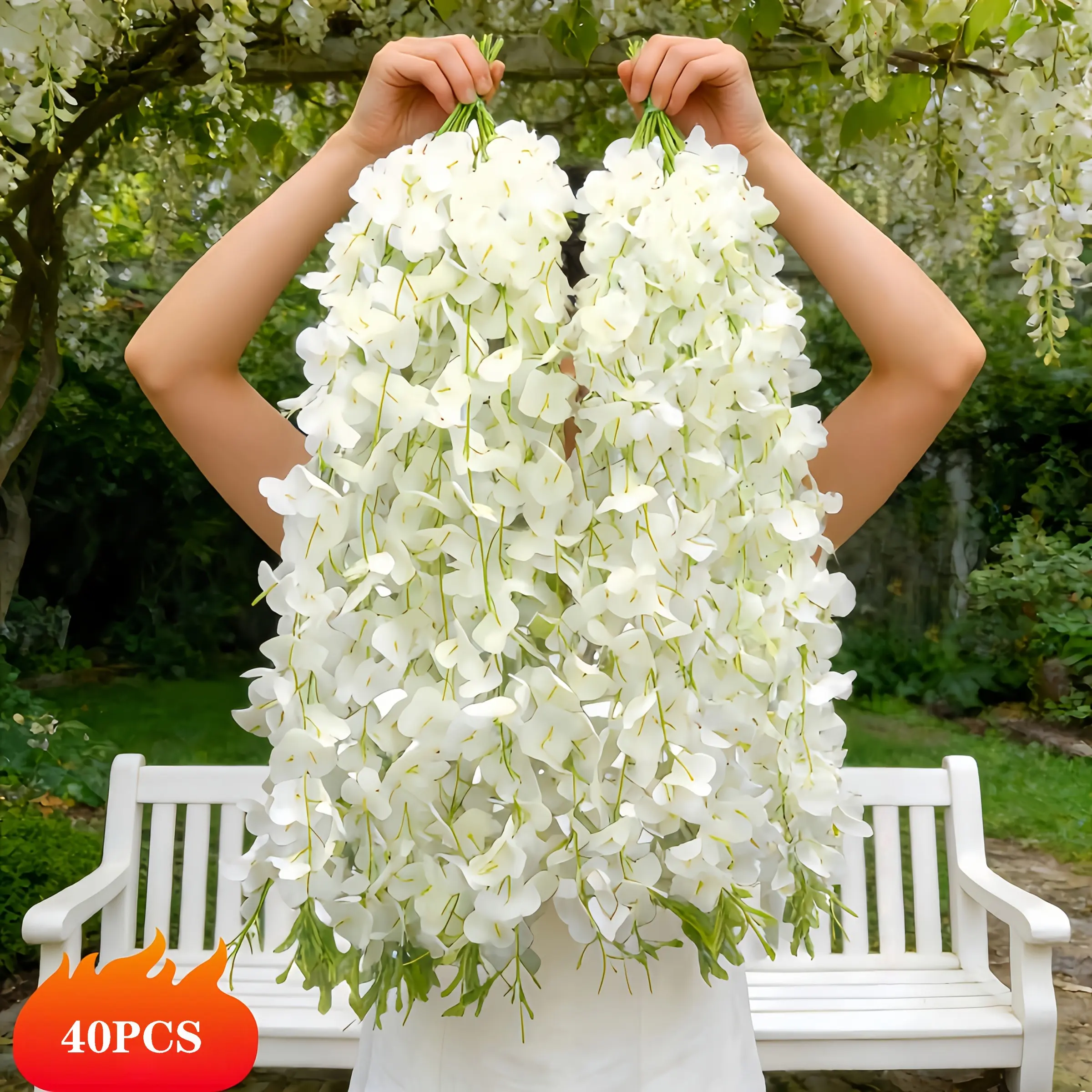 40 Pcs Artificial White Wisteria Hanging Vines, All-Weather Durable Faux Floral Decor for Wedding Arches, Gardens, Patios, Ceilings and Trellises, Indoor & Outdoor Home and Commercial Decor, Artificial Flower Decoration