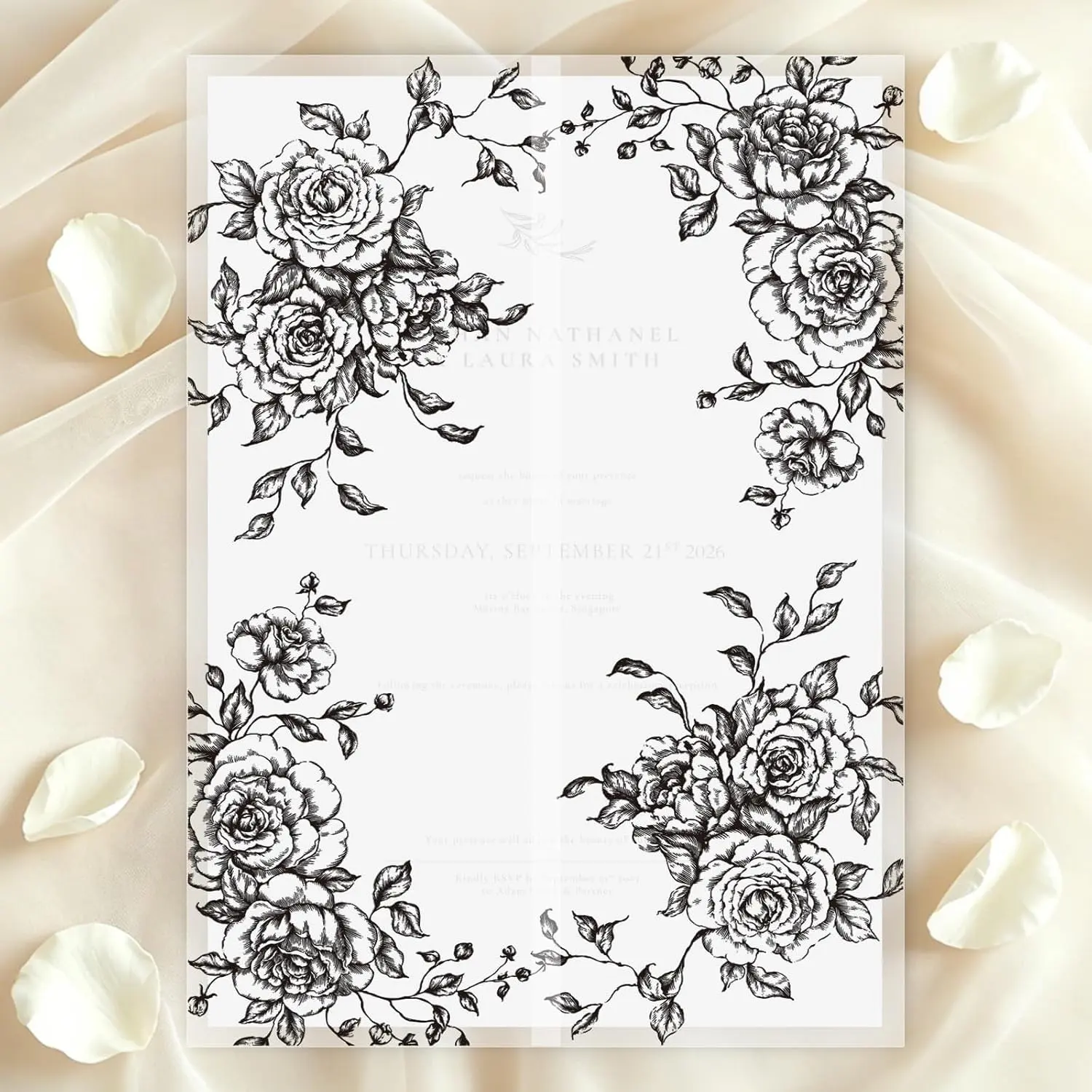 50 Pack Pre-Folded Vellum Jackets for 5x7 Invitations, Translucent Invitation Sleeves,115GSM Vellum Jackets 5x7, Wedding Invitation Accessories, for Weddings Birthdays Baby Showers( Black Vintage Roses)
