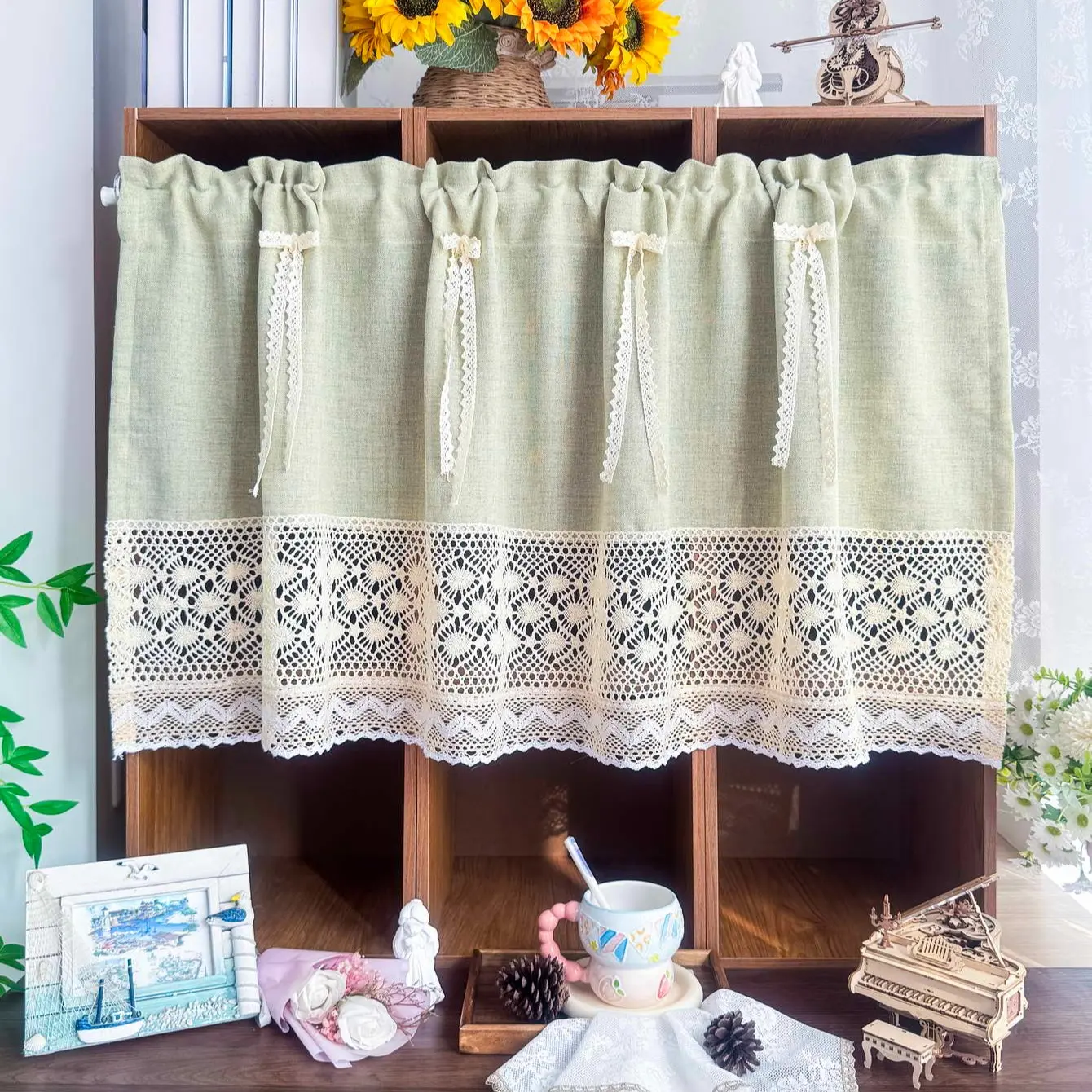 1 Pc Boho Macrame Curtain Panel, Bohemian Short Window Curtain with Tassels, Rod Pocket Half Panel, Suitable for Kitchen Bathroom Cafe, Filtering Room Divider, Low-Maintenance Window Toppers, Tie up curtains