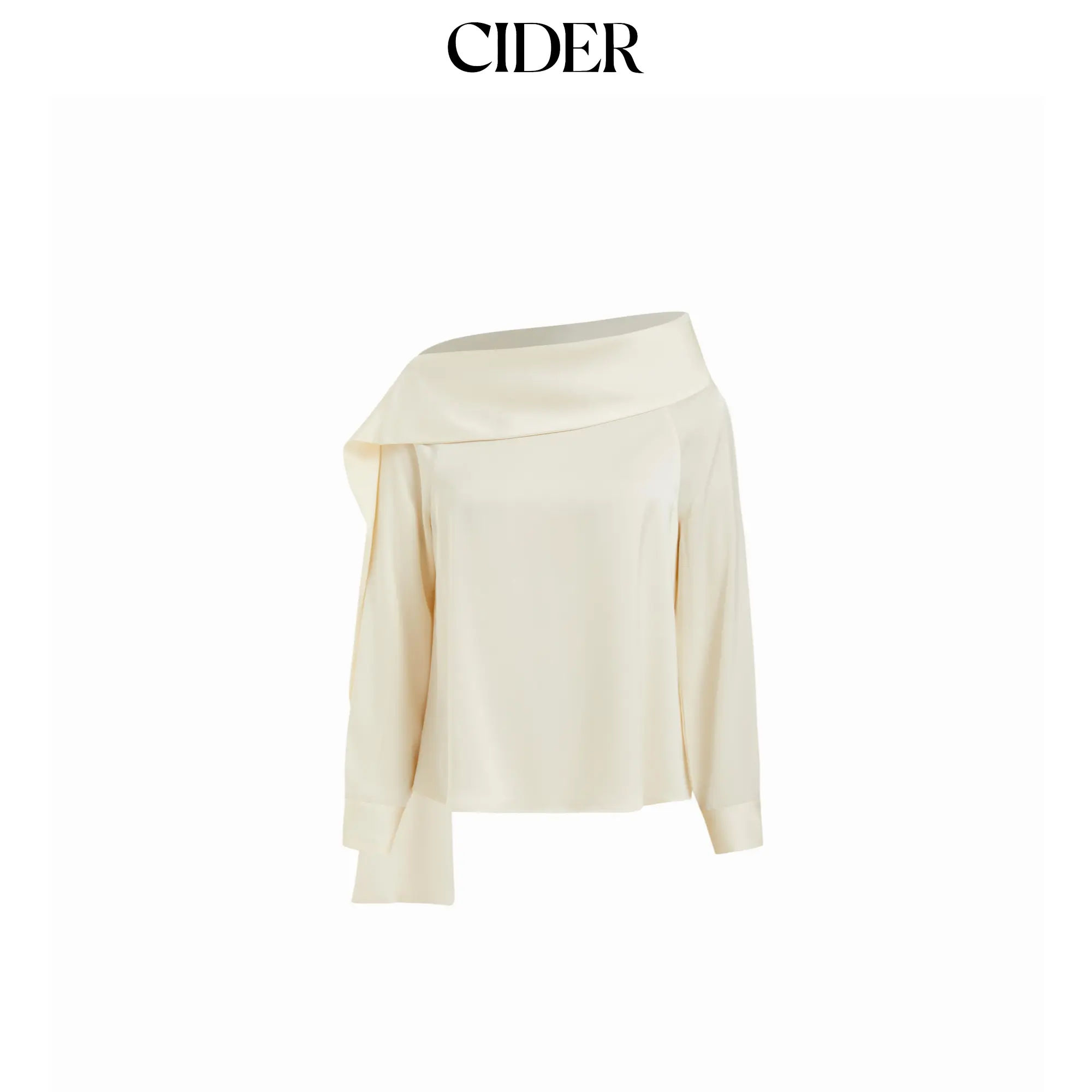 Cider Satin Asymmetrical Neck Long Sleeve Blouse With Scarf Beige Basic SummerFinds