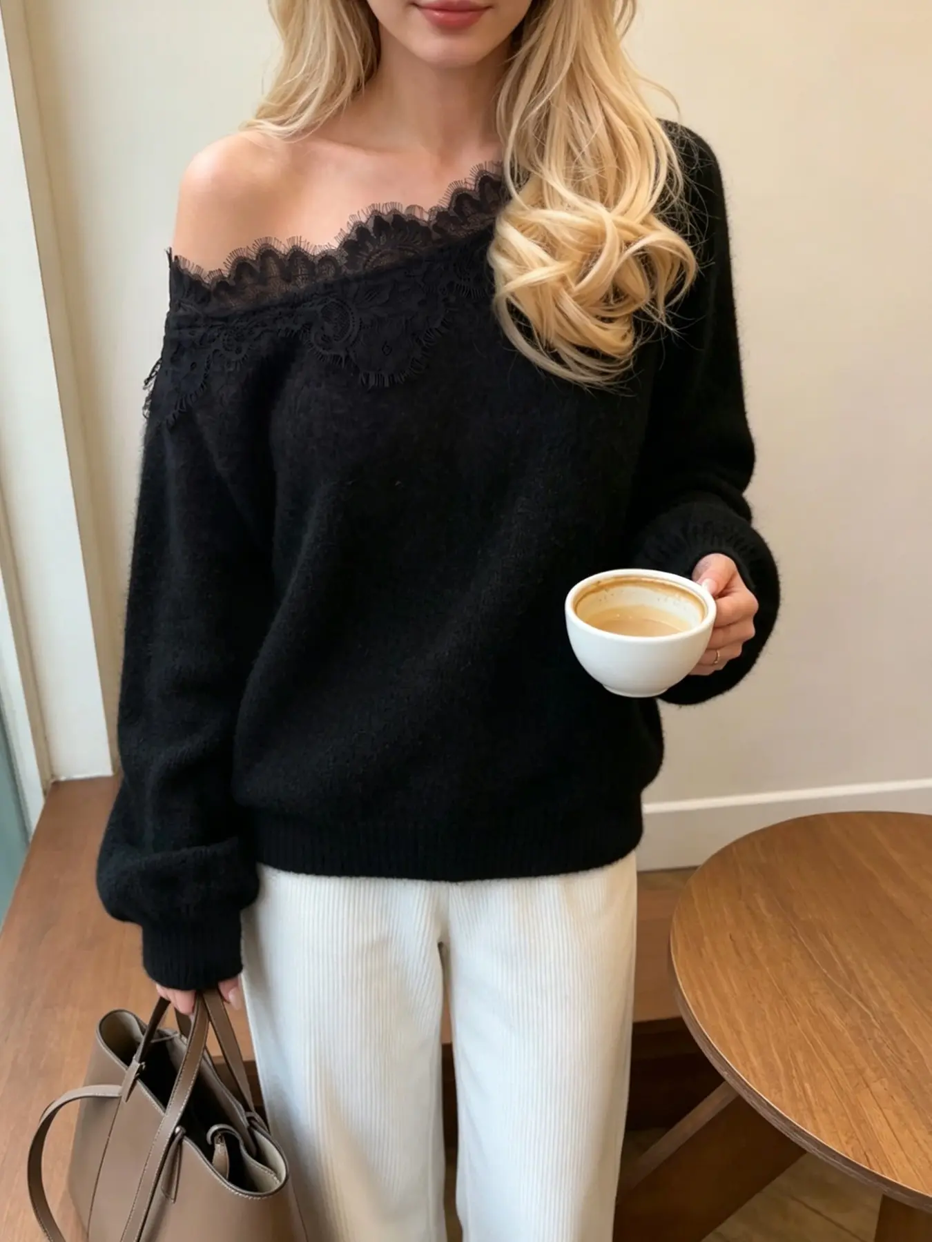 Elegant Off-The-Shoulder Lace Trim Fuzzy Long Sleeve Sweater, Solid Black Fluffy Knitwear Top for Fall Winter Women Fashion Knitting