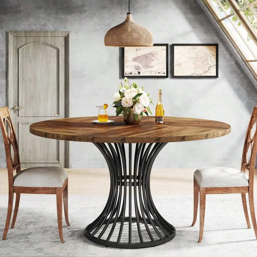 47-Inch Round Dining Table 4-6, Farmhouse Circle Table With Metal Base, Industrial Dinner Table Or Dining Room