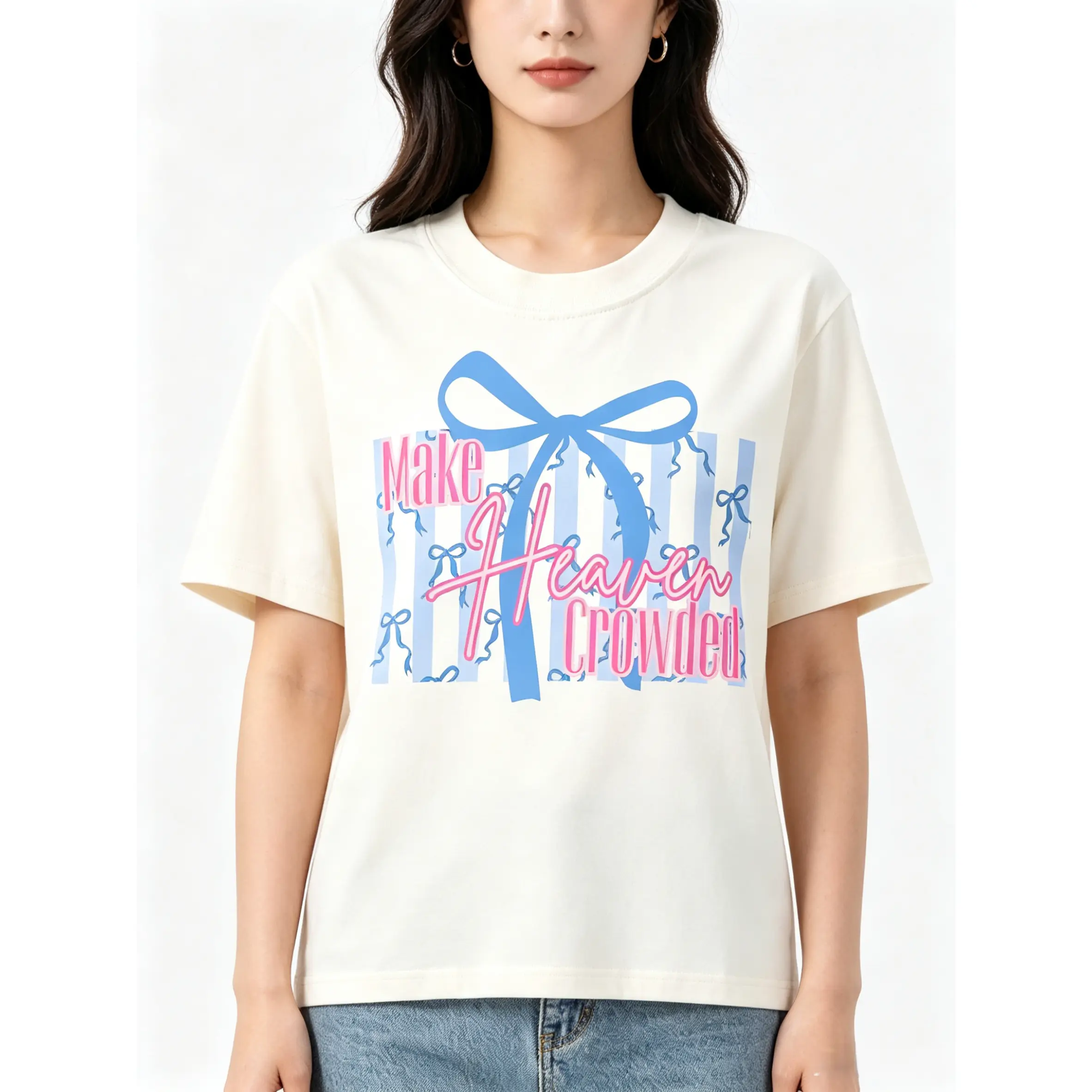 Women's Cotton Short-Sleeve Cute Jesus T-Shirt - "Make Heaven Crowded" Bow Detail, Coquette Preppy Religious Top, Trendy Casual Streetwear Fit, Women's Clothes, Trendy T-Shirts, Tshirt, Jesus T Shirts